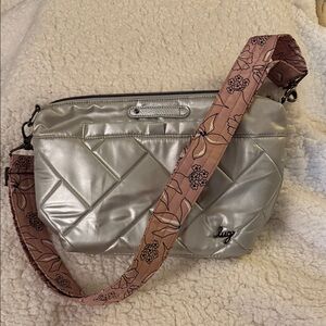 Lug Silver Quilted Crossbody Bag with Pink Floral Strap
